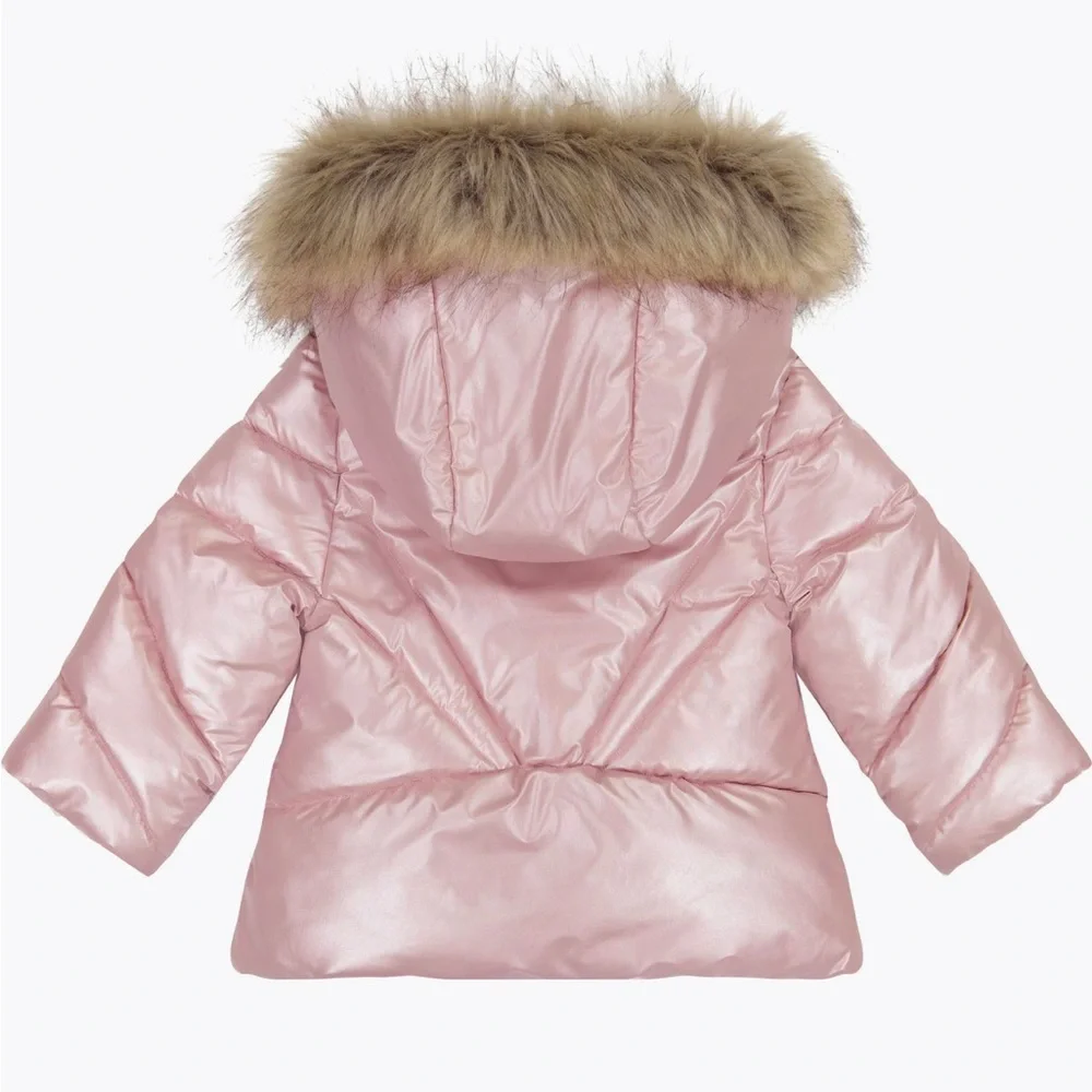 Sam Edelman Girls’ Rose Gold Metallic Fur Trim Puffer Jacket